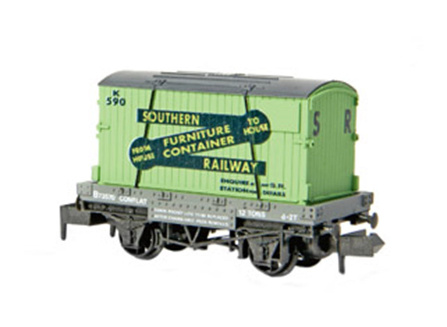 Conflat No.73570 with container, Southern, N scale (green)