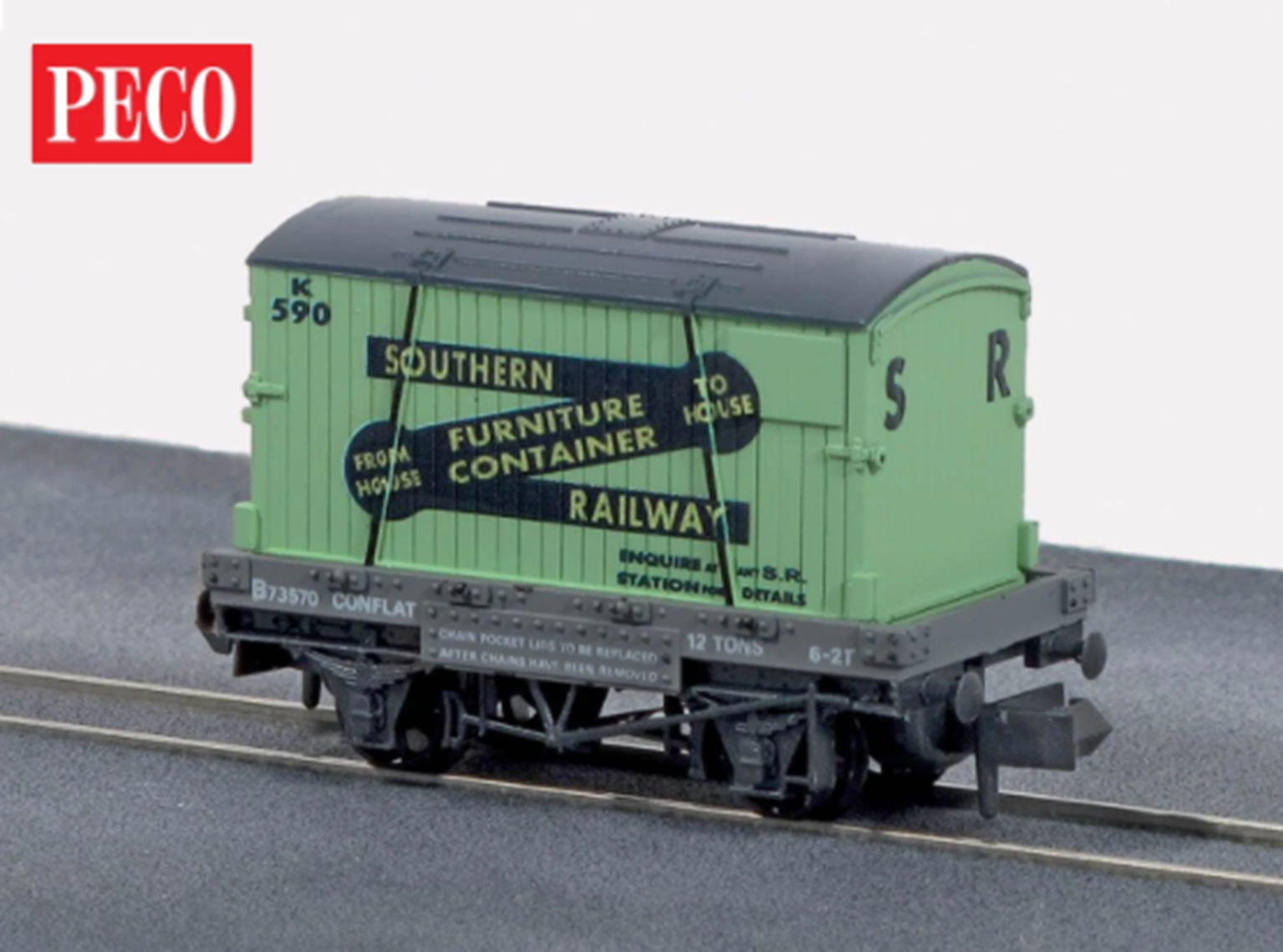 Conflat with container, Southern, N scale (green)