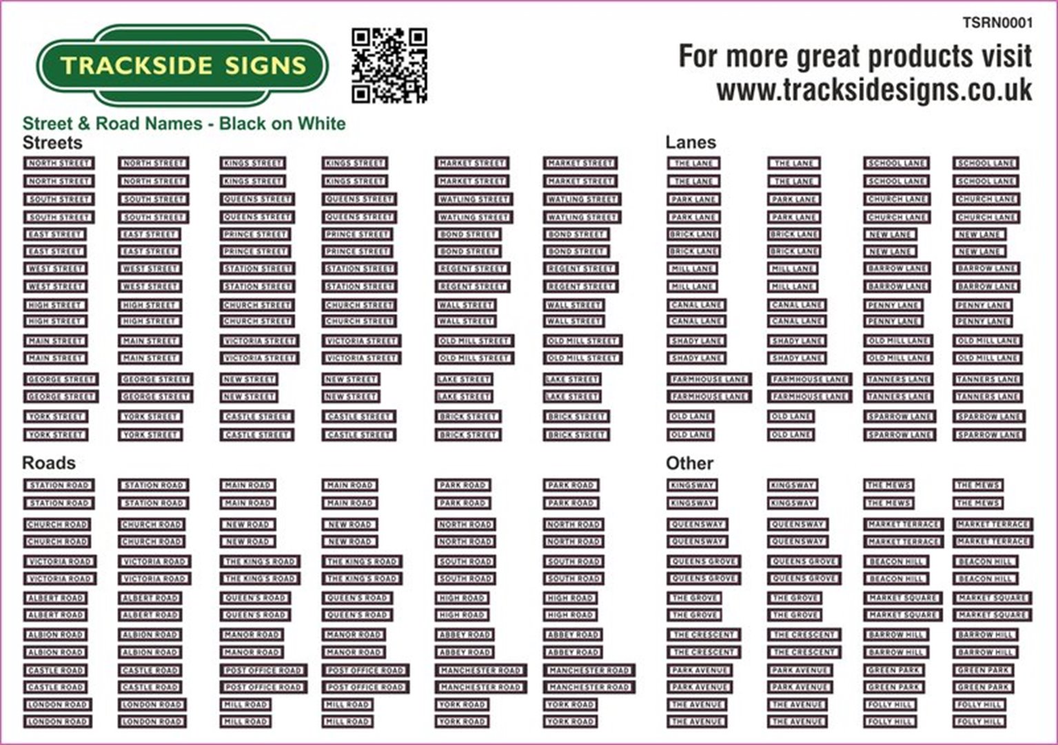 Trackside Signs TSRN0001 Die Cut Road Name Signs - Black on – Rails