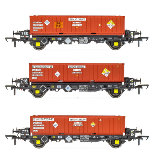 Pre-Owned Set of 3 PFA 2 Axle Container Flat Wagons DRS LLNW with Nuclear Half Height Containers (Pack N)