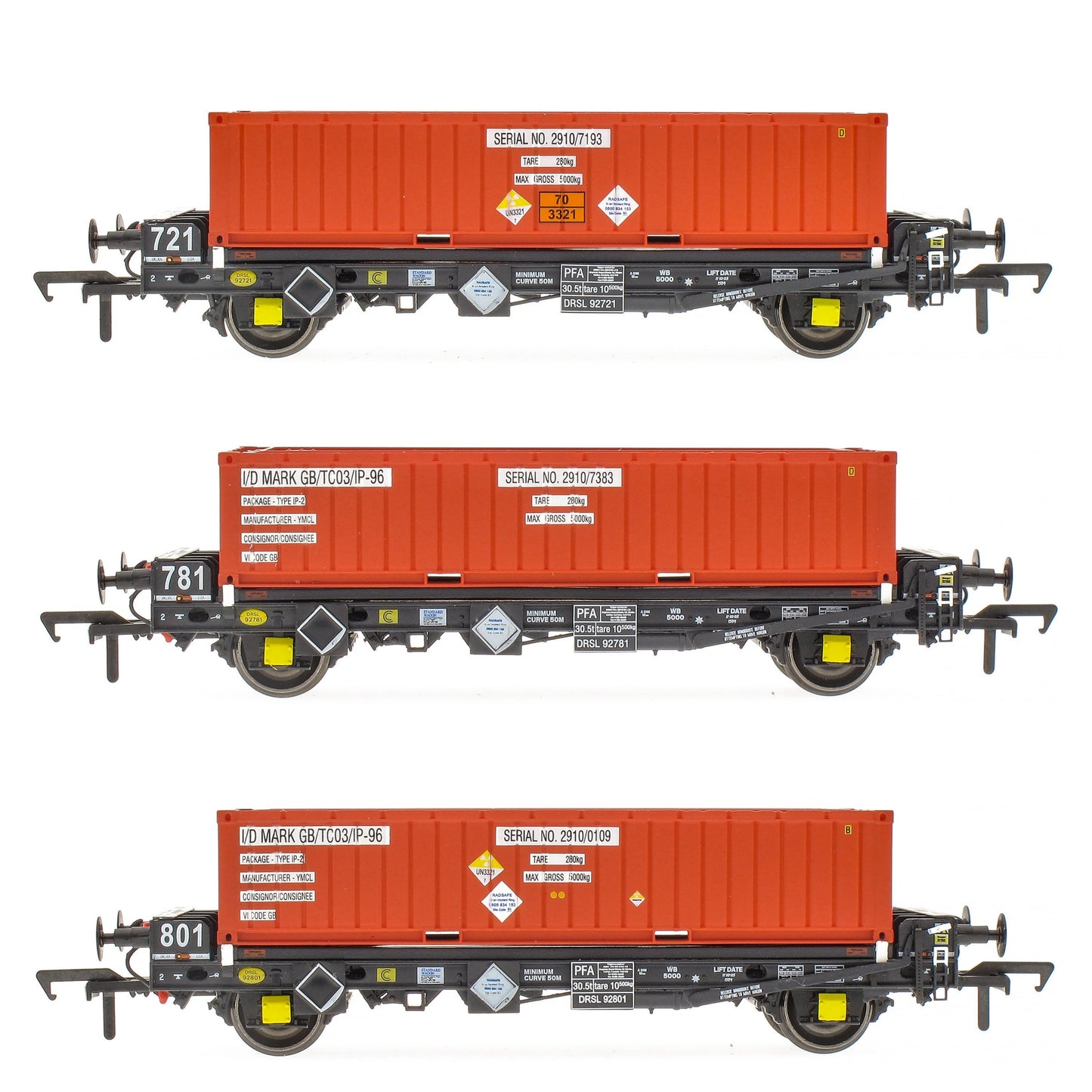 Pre-Owned Set of 3 PFA 2 Axle Container Flat Wagons DRS LLNW with Nuclear Half Height Containers (Pack O)