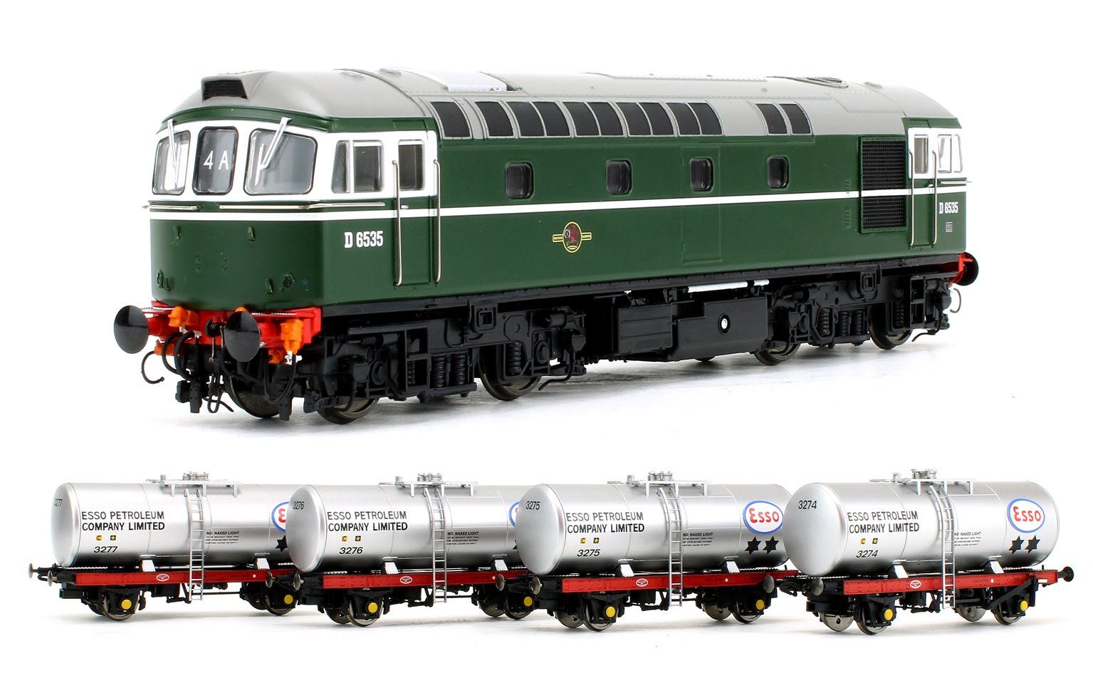 Class 33 D6535 BR Green Locomotive with 4x 1960s silver ESSO 'A' tank wagons