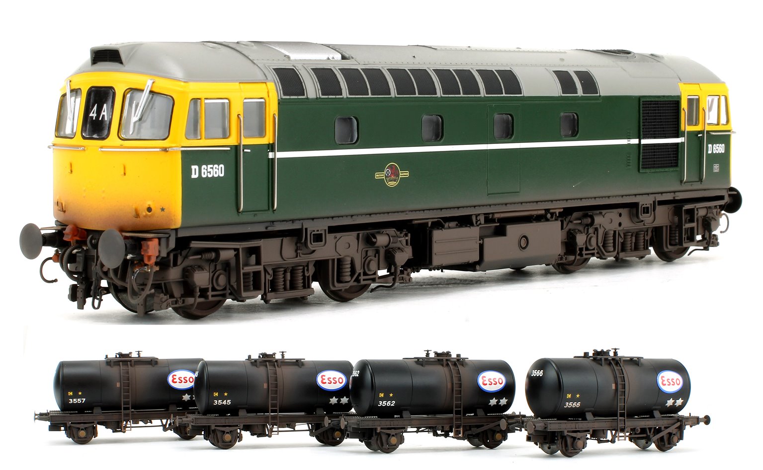 Class 33 D6580 BR Green (FYE) Locomotive with 4x late 1960s ESSO 'B' tank wagons (WEATHERED) 
